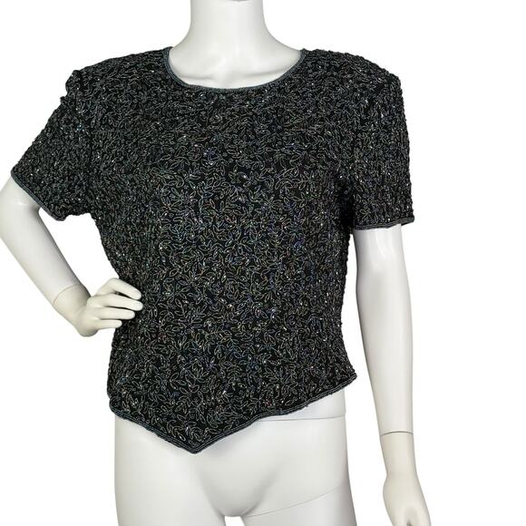 Vintage 80s Adrianna Papell Evening Black Silk Beaded Short Sleeve Top XL - Picture 1 of 5